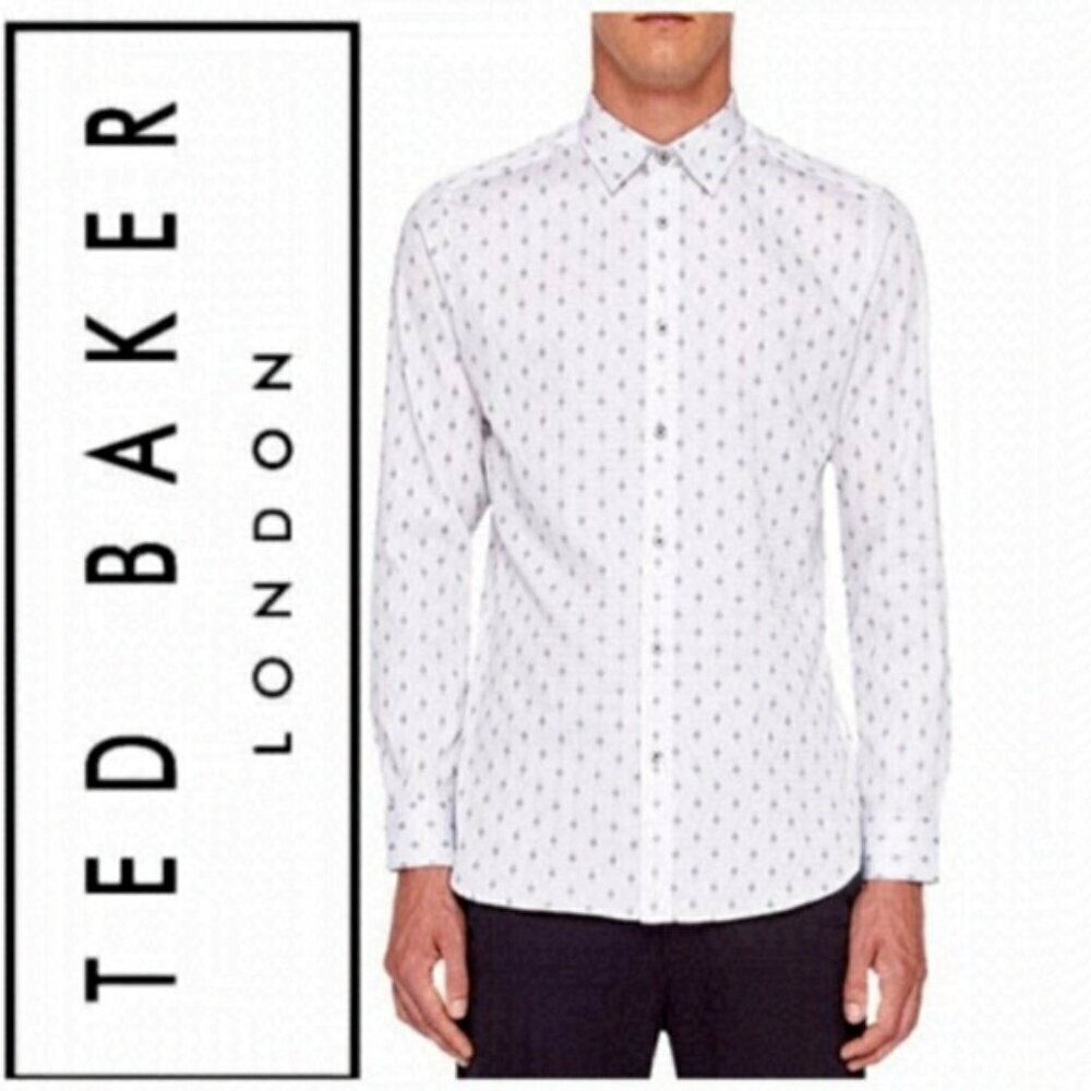 TED Baker Cotton Monico Button Up White Black Graphic Shirt sz 2